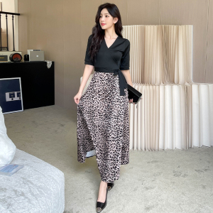 TR43308# 时尚豹纹印花拼接连衣裙一片式围裹裙春秋新款长裙 服装批发女装批发服饰货源