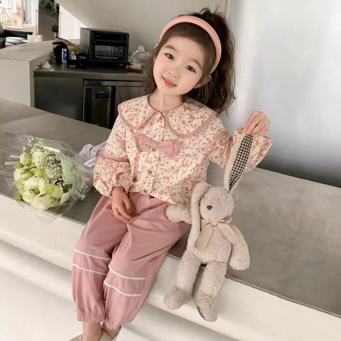 2023 Girls' western-style Mori style floral long-sleeved top + casual Korean style all-match trousers fashion two-piece set