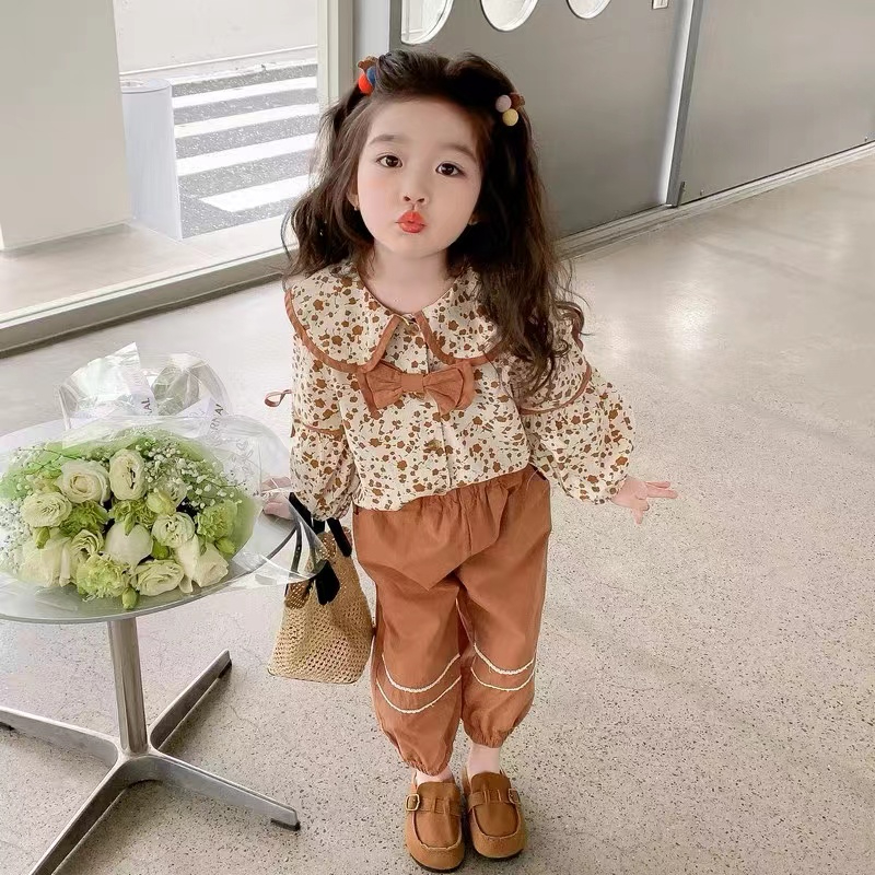2023 Girls' western-style Mori style floral long-sleeved top + casual Korean style all-match trousers fashion two-piece set