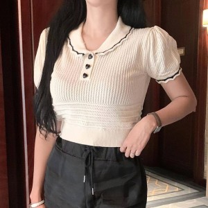 RM20537#韩国chic 设计感百搭显瘦针织衫短袖女设计感海军领上衣