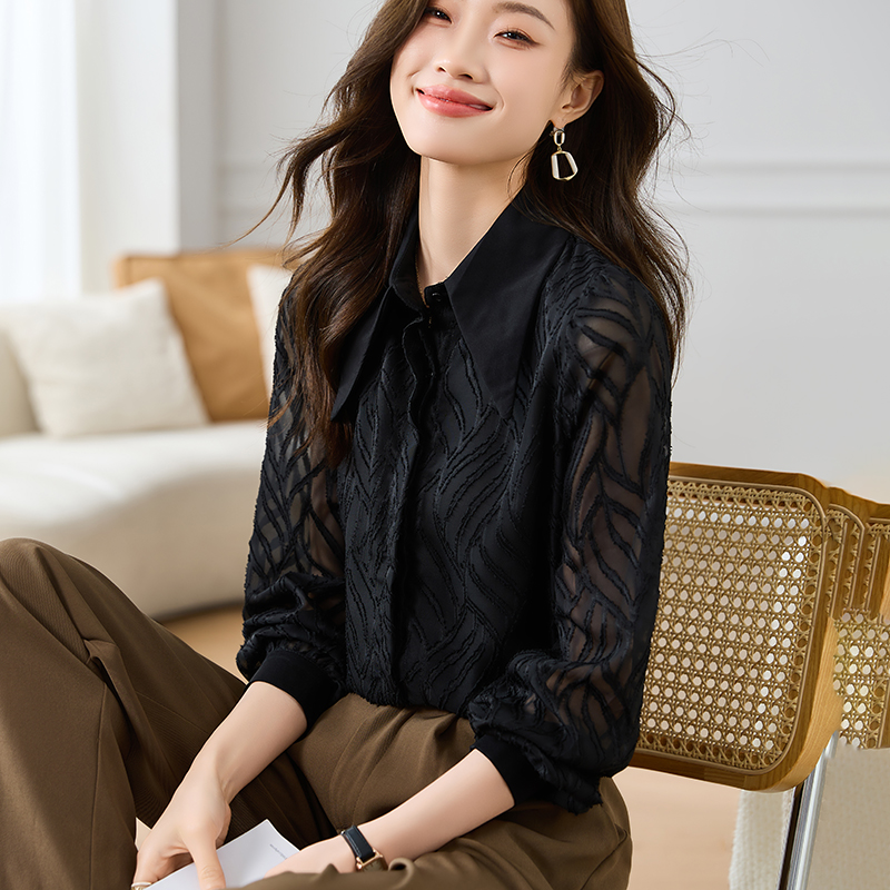 實拍Polo領黑色雪紡襯衫女2026年新款設計感小眾復古法式長袖上衣