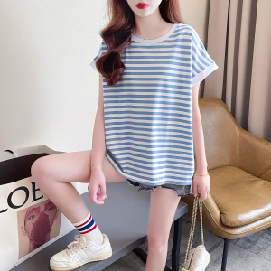 RM18986#条纹短袖t恤女夏2023韩版修身短款减龄圆领上衣大码女装200斤