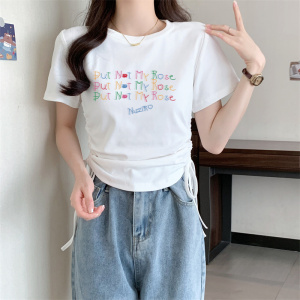 RM19236#正肩短款短袖t恤女夏季新款抽绳收腰半袖上衣设计感小众内搭体恤