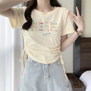 RM19236#正肩短款短袖t恤女夏季新款抽绳收腰半袖上衣设计感小众内搭体恤
