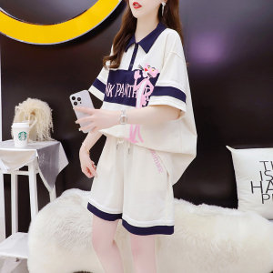 RM18989#纯棉 夏季2023设计粉红豹POLO领短袖T恤套装女