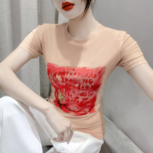 RM23864#夏季时尚纱网印花定位花短袖圆领修身显瘦洋气上衣潮