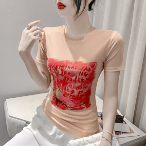 RM23864#夏季时尚纱网印花定位花短袖圆领修身显瘦洋气上衣潮