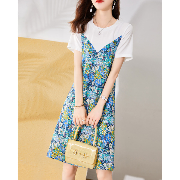 RM19091#清新假两件连衣裙2023夏季新款撞色花卉满印时尚薄款裙子