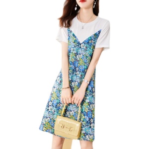 RM19091#清新假两件连衣裙2023夏季新款撞色花卉满印时尚薄款裙子