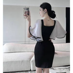 RM20178#女装名媛风黑白撞色多层喇叭袖修身包臀聚会礼服连衣裙