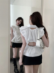 RM20218#韩版小众设计尖领无袖单排扣性感露腰衬衫上衣