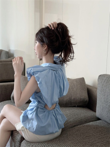 RM20218#韩版小众设计尖领无袖单排扣性感露腰衬衫上衣