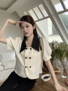 RM20637#小香风双排扣短袖衬衫女秋季2023新款设计感撞色翻领洋气上衣