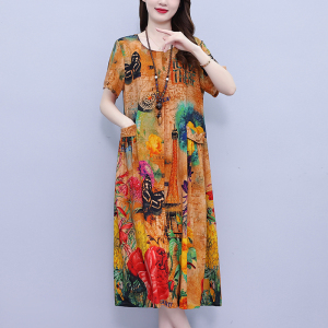 RM20746#大码连衣裙2023夏季新款女高端洋气圆领印花遮肚中长款显瘦气质裙