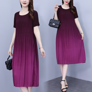 RM20747#胖MM大码女装宽松显瘦褶皱渐变时尚个性连衣裙气质修身直筒长裙