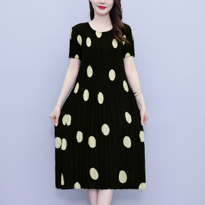 RM20748#大码女装宽松显瘦褶皱波点撞色时尚个性连衣裙气质修身直筒长裙子