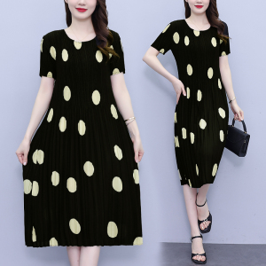 RM20748#大码女装宽松显瘦褶皱波点撞色时尚个性连衣裙气质修身直筒长裙子