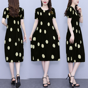 RM20748#大码女装宽松显瘦褶皱波点撞色时尚个性连衣裙气质修身直筒长裙子
