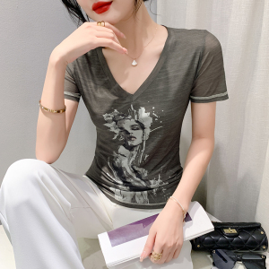 RM22383#夏季时尚纱网印花定位花短袖V领修身显瘦洋气上衣潮