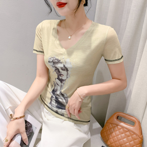 RM22383#夏季时尚纱网印花定位花短袖V领修身显瘦洋气上衣潮