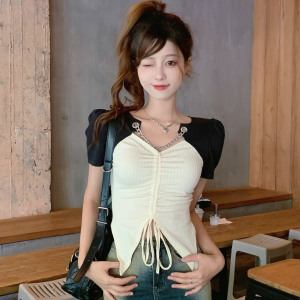 RM20968#大码女装2023新款夏季短袖抽绳上衣遮肉甜辣风拼接小衫女