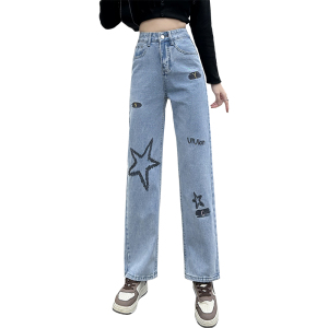 RM22043#高腰刺绣牛仔直筒裤女2023秋季新款韩版宽松哈伦烟管阔腿长裤
