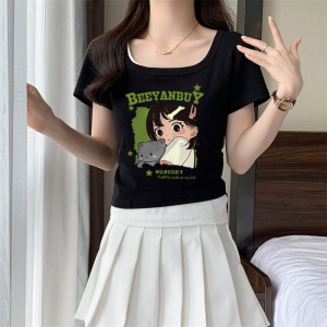 RM19239#方领短袖t恤女装夏季2023新款设计感小众修身纯欲假两件短款上衣