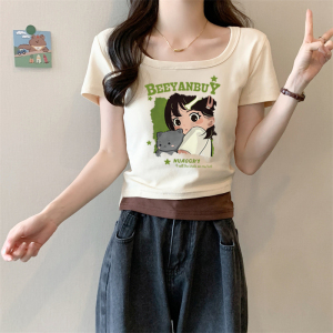 RM19239#方领短袖t恤女装夏季2023新款设计感小众修身纯欲假两件短款上衣