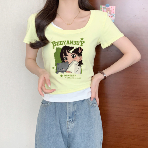 RM19239#方领短袖t恤女装夏季2023新款设计感小众修身纯欲假两件短款上衣