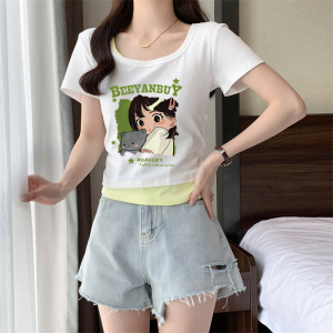 RM19239#方领短袖t恤女装夏季2023新款设计感小众修身纯欲假两件短款上衣