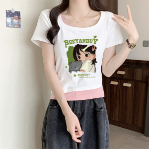 RM19239#方领短袖t恤女装夏季2023新款设计感小众修身纯欲假两件短款上衣