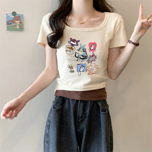 RM19240#设计感方领假两件短袖t恤女装夏季2023新款修身纯欲小众短款上衣