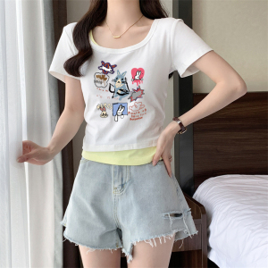 RM19240#设计感方领假两件短袖t恤女装夏季2023新款修身纯欲小众短款上衣