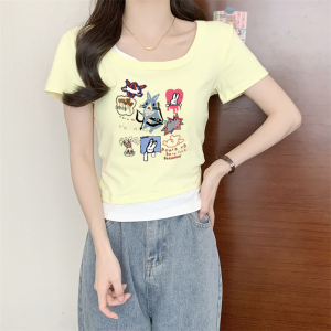 RM19240#设计感方领假两件短袖t恤女装夏季2023新款修身纯欲小众短款上衣