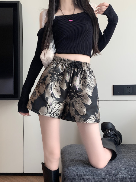 RM21121#复古提花阔腿裤短裤女夏季新款小个子时尚宽松休闲热裤