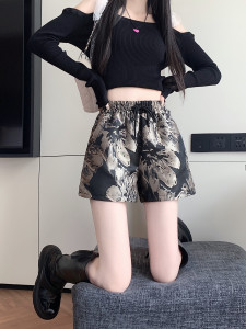 RM21121#复古提花阔腿裤短裤女夏季新款小个子时尚宽松休闲热裤