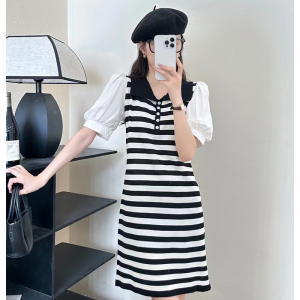 CX10460# 最便宜服饰批发 夏季新款韩版泡泡袖POLO领设计感显瘦条纹针织学院风连衣裙