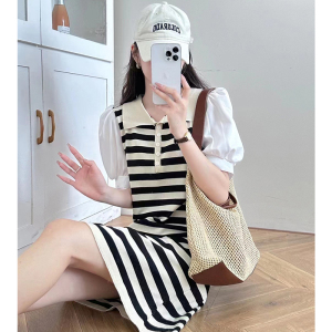 CX10460# 最便宜服饰批发 夏季新款韩版泡泡袖POLO领设计感显瘦条纹针织学院风连衣裙
