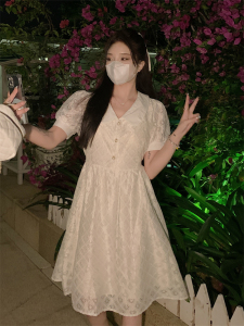 RM19727#重工立体提花刺绣白色连衣裙女秋季韩版中长款小仙女裙子