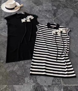 RM19551#新款时髦洋气花朵polo裙纽扣条纹中长款针织漂亮连衣裙女