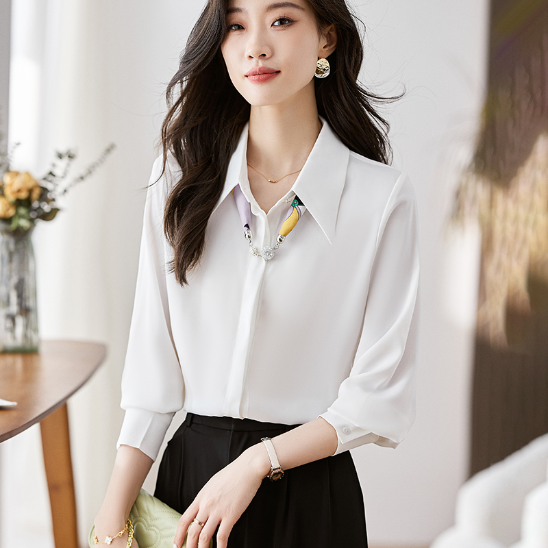 實拍2026新款氣質翻領絲巾裝飾可拆卸長袖雪紡白襯衫女秋薄款上衣