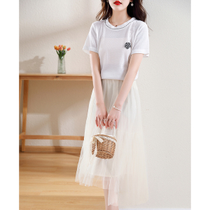 RM19447#夏季新款简约百搭气质山茶花上衣T恤女网纱百褶半身裙两件套