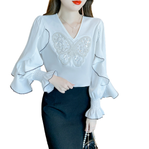 RM23330#长袖早秋装纯色雪纺上衣荷叶边设计感女装V领喇叭袖亮片甜美
