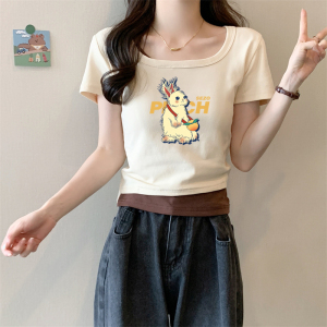 RM19242#撞色拼接短袖t恤女2023夏季新款韩版显瘦方领修身短款假两件上衣