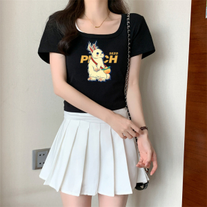 RM19242#撞色拼接短袖t恤女2023夏季新款韩版显瘦方领修身短款假两件上衣