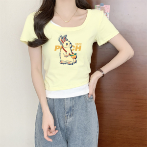 RM19242#撞色拼接短袖t恤女2023夏季新款韩版显瘦方领修身短款假两件上衣