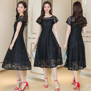 RY1842#夏季女法式收腰黑色蕾丝连衣裙高级感气质显瘦刺绣中长款裙子