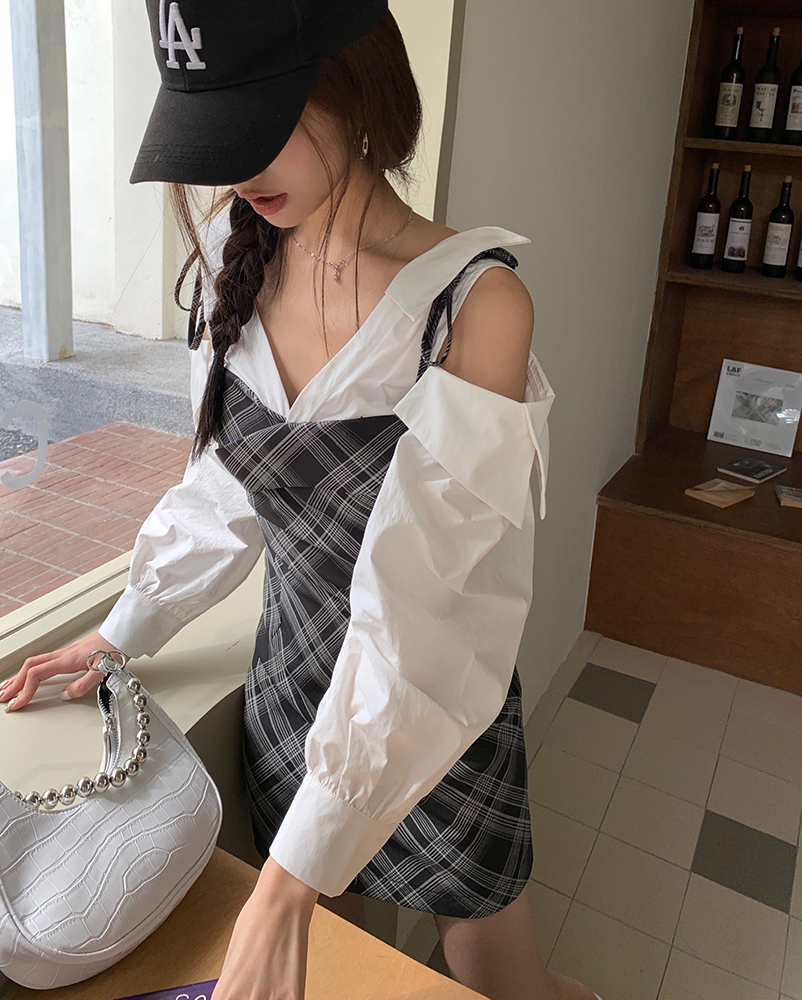 From 99 to 2023 summer and autumn new fake two-piece plaid dress female waist hot girl bag hip skirt short skirt