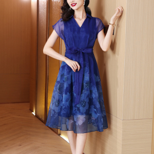RM19962#高品质时尚国际大牌女装法式高端气质蓝色薄纱连衣裙夏季2023新款