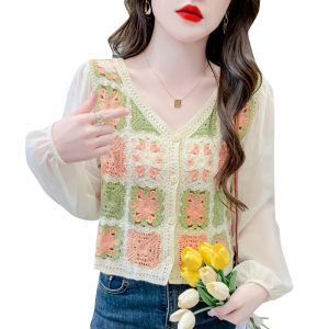 RM20723#复古拼色早秋格子花朵镂空针织拼接长袖韩版设计感泡泡袖甜美上衣